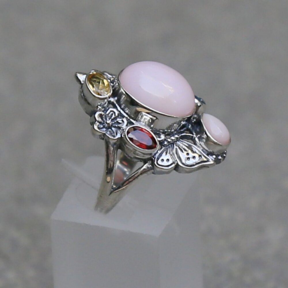 Bali Legacy ✦ Pink Opal & Multi Gemstone Ring ✦ 5.40ctw Sterling Silver Floral - Picture 9 of 16
